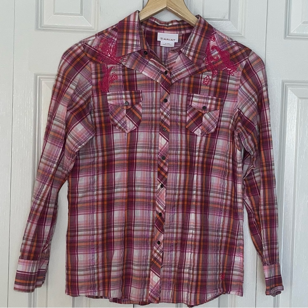 Ariat Women's Large Pink Plaid Metallic Embroidered Snap Front Western Shirt